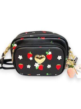 Luv Betsey Johnson Black Strawberry And Daisy Multiple Charm Crossbody Bag
